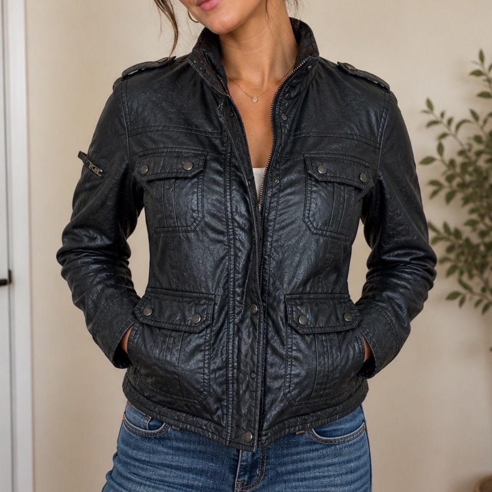 SAM. New York Field Jacket Womens Black Coated Utility Moto Coat Small